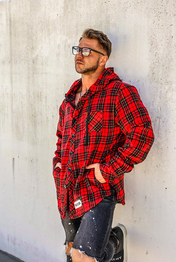 Size Up Hooded Red Flannel Button up Jacket