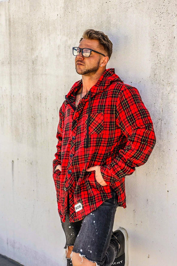 Size Up Hooded Red Flannel Button up Jacket